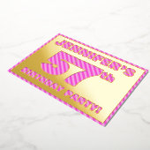 57th Birthday Party — はっきりした、おもしろい、ピンクストライプ色57 箔招待状 (回転した状態)