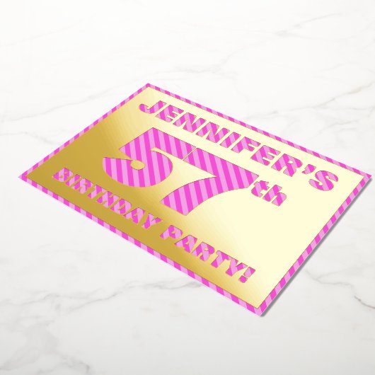 57th Birthday Party — はっきりした、おもしろい、ピンクストライプ色57 箔招待状 (回転した状態)