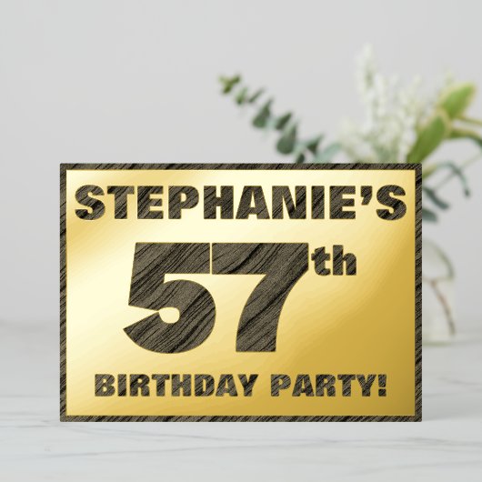 57th Birthday Party — はっきりしたWood Grainフェイク文字 箔招待状 (立ち正面)