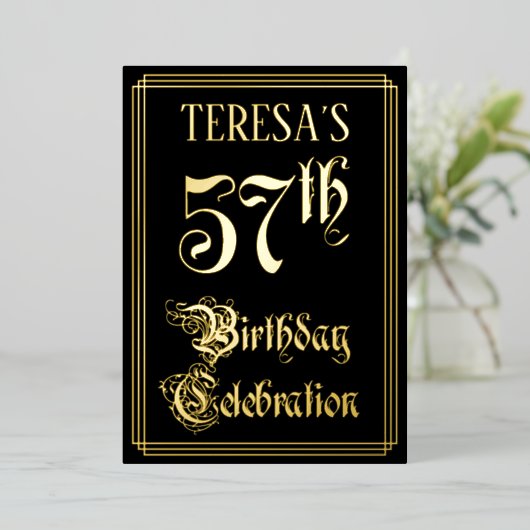 57th Birthday Party – スクリプファンシートと名前をカスタムする 箔招待状 (立ち正面)