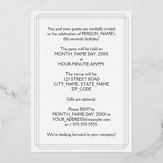 57th Birthday Party – スクリプファンシートと名前をカスタムする 箔招待状 (裏面)