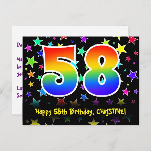 58歳の誕生日おめでとう!楽しいスター柄、虹色の58、名前入り ポストカード (正面/裏面)
