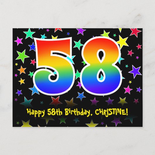 58歳の誕生日おめでとう!楽しいスター柄、虹色の58、名前入り ポストカード (正面)