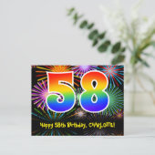 58歳の誕生日おめでとう!楽しい花火模様+虹色の58 ポストカード (スタンド正面)