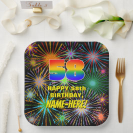 58歳の誕生日：カラフルで楽しいお祝いの花火 ペーパープレート
