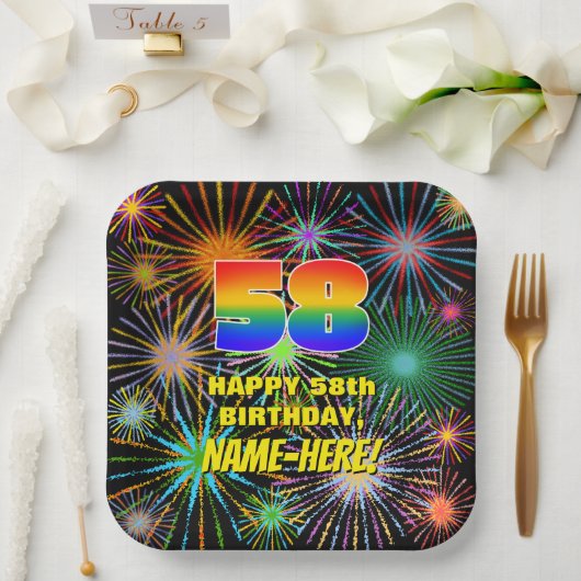 58歳の誕生日:カラフルで楽しいお祝いの花火 ペーパープレート (ウェディング)