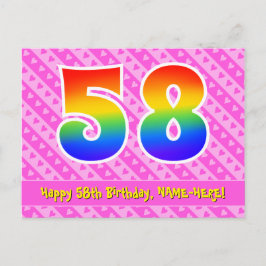 58歳の誕生日:ピンクのストライプとハート、虹色の58 ポストカード