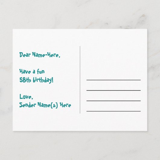 58歳の誕生日：ピンクのストライプとハート、虹色の58 ポストカード (裏面)