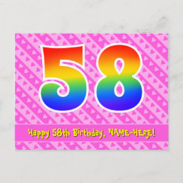 58歳の誕生日：ピンクのストライプとハート、虹色の58 ポストカード