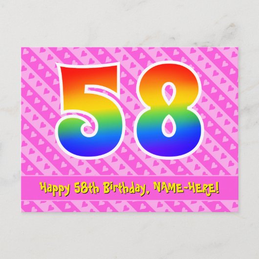 58歳の誕生日：ピンクの縞模様とハート、虹色の58 ポストカード (正面)