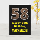 58歳の誕生日：名前、擬似木目模様の「58」 カード (黄色い花)