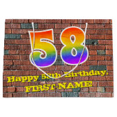 58歳の誕生日: 楽しい、落書き風の虹色 # 58 ラージペーパーバッグ (正面)