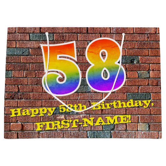 58歳の誕生日: 楽しい、落書き風の虹色 # 58 ラージペーパーバッグ (正面)