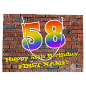 58歳の誕生日: 楽しい、落書き風の虹色 # 58 ラージペーパーバッグ (裏面)