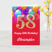 58歳の誕生日 赤と金のカラフルな風船 カード (黄色い花)