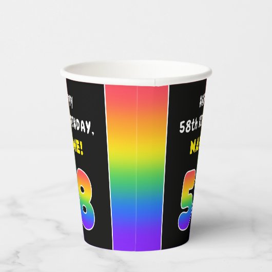 58誕生日カラフル:レインボー# 58,名前をカスタムする 紙コップ (右)