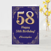 58誕生日ネイビーブルーと金ゴールドグリッターフレーム カード (黄色い花)