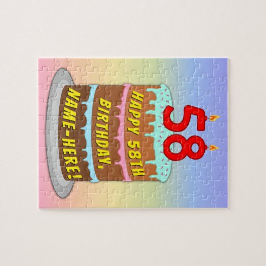 58誕生日:おもしろいケーキとキャンドル+名前をカスタムする ジグソーパズル (横)