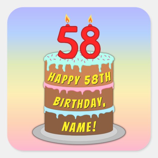 58誕生日:おもしろいケーキとキャンドル+名前をカスタムする スクエアシール (正面)