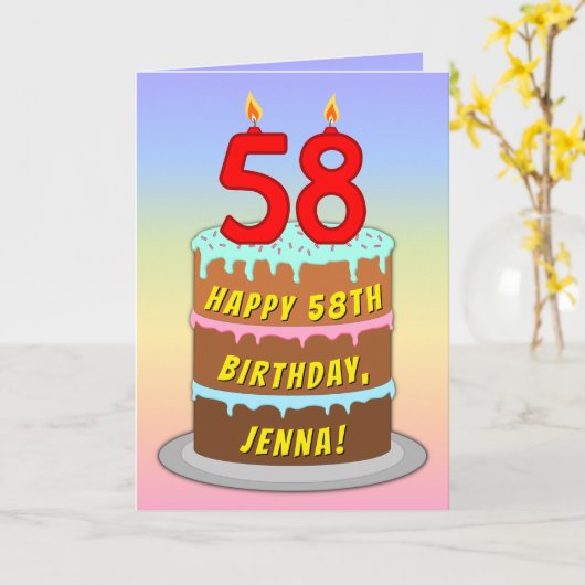 58誕生日—おもしろいケーキ&キャンドル、名前をカスタムする付き カード (黄色い花)