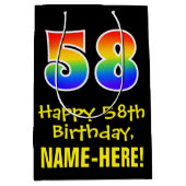 58誕生日:おもしろい、はっきりした、カラフルレインボー「58」 ミディアムペーパーバッグ (正面)
