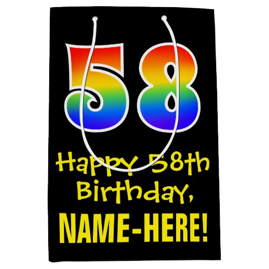 58誕生日:おもしろい、はっきりした、カラフルレインボー「58」 ミディアムペーパーバッグ (正面)
