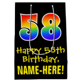 58誕生日:おもしろい、はっきりした、カラフルレインボー「58」 ミディアムペーパーバッグ (裏面)