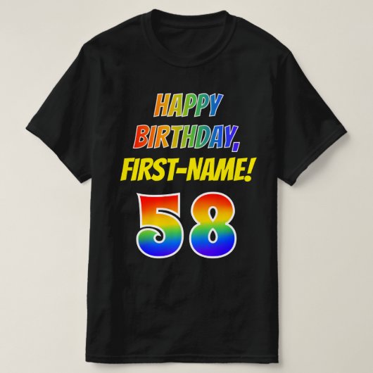 58誕生日:はっきりした、おもしろい、レインボー58、名前をカスタムする Tシャツ (デザイン正面)