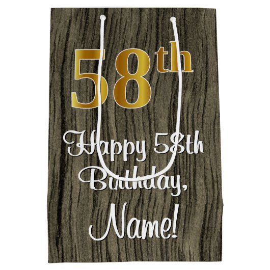 58誕生日:エレガントフェイク金ゴールドルック#,フェイク Wood ミディアムペーパーバッグ (裏面)