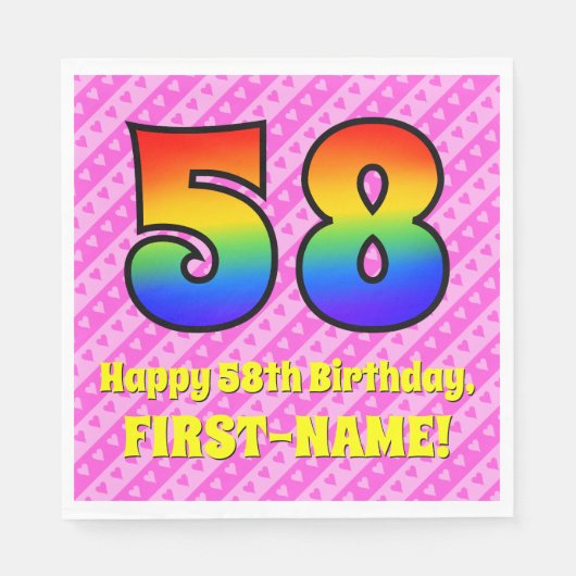 58誕生日:ピンクストライプのハート、レインボー# 58 スタンダードランチョンナプキン (正面)