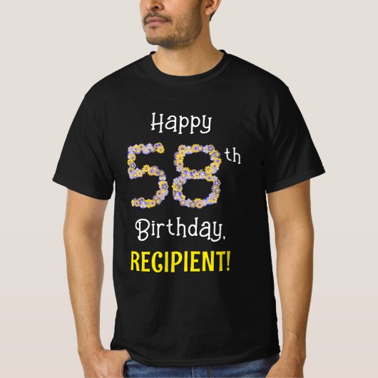 58誕生日:フローラ花数"58" +名前 Tシャツ (正面)