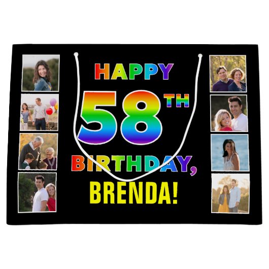 58誕生日：レインボー文字、カスタム写真&名前 ラージペーパーバッグ (正面)