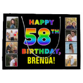 58誕生日：レインボー文字、カスタム写真&名前 ラージペーパーバッグ (裏面)