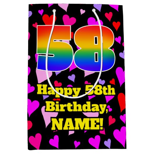 58誕生日：愛するハートパターン、虹# 58 ミディアムペーパーバッグ (正面)