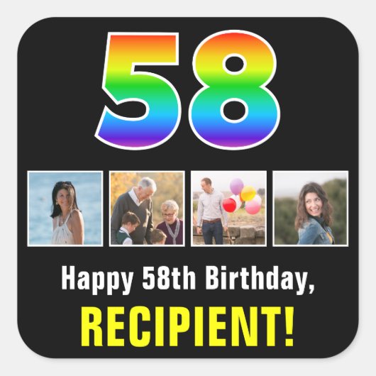58誕生日: Rainbow "58"；写真カスタムと名前 スクエアシール (正面)