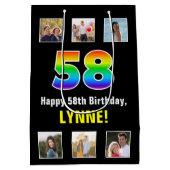 58誕生日: Rainbow "58",写真カスタムと名前 ミディアムペーパーバッグ (裏面)