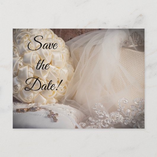 5882 – ブーケ、リングや輪、クロス、ベール付き インビテーションポストカード (正面)
