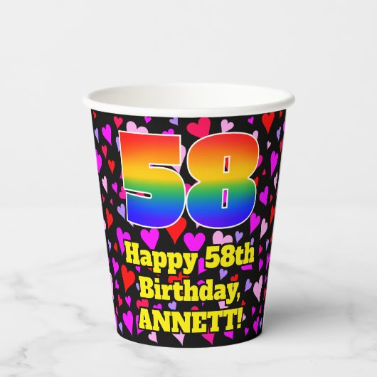 58th Birthday: Loving Hearts Pattern, Rainbow 58 紙コップ (裏面)