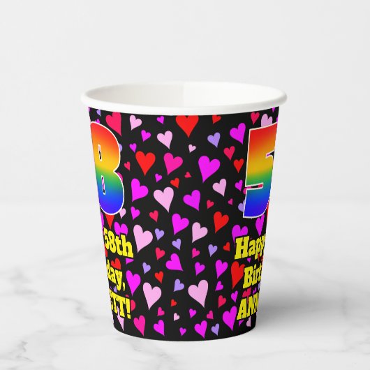 58th Birthday: Loving Hearts Pattern, Rainbow 58 紙コップ (左)