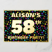 58th Birthday Party —おもしろいカラフル、Stars Pattern 箔招待状 (正面)