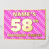 58th Birthday Party —おもしろいピンクのハートとストライプ 箔招待状 (正面)