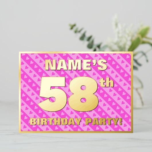 58th Birthday Party —おもしろいピンクのハートとストライプ 箔招待状 (立ち正面)