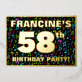 58th Birthday Party —おもしろい、音楽カラフル記号 箔招待状 (正面)