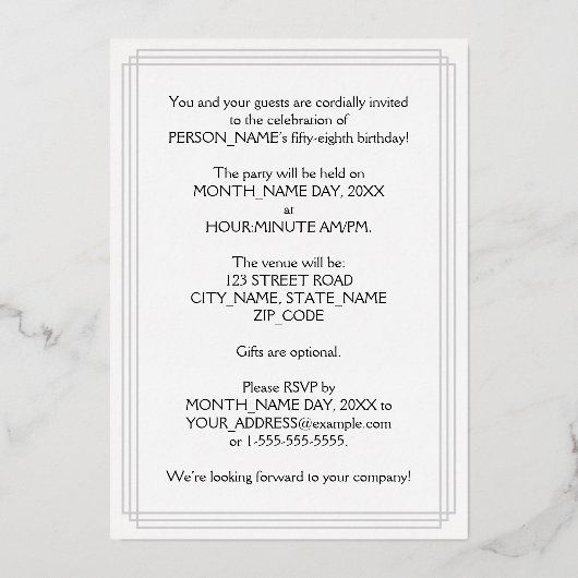 58th Birthday Party – スクリプファンシートと名前をカスタムする 箔招待状 (裏面)