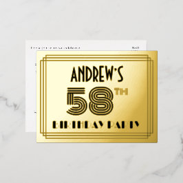 58th Birthday Party ~ Art Deco Style “58” + Name 箔招待状ポストカード