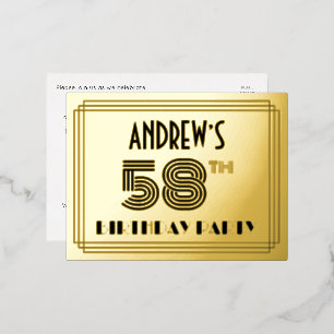 58th Birthday Party ~ Art Deco Style “58” + Name 箔招待状ポストカード