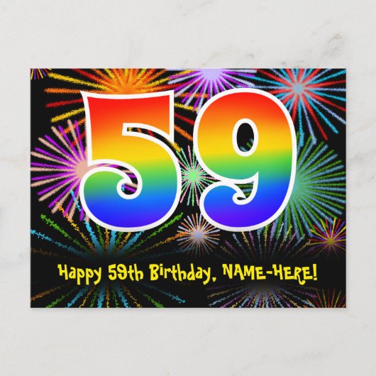 59歳の誕生日おめでとう　楽しい花火柄＋虹59 ポストカード (正面)