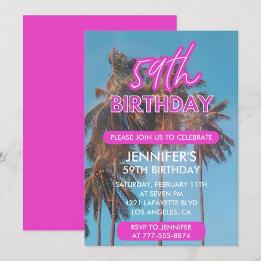 59歳の誕生日を迎える夏のピンクのヤシの木 招待状 (正面/裏面)