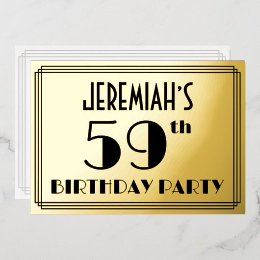 59歳の誕生日パーティー - アールデコ調の「59」+ 名前 箔招待状 (正面/裏面)