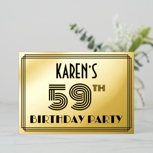 59歳の誕生日パーティー - アールデコ調「59」と名前 箔招待状 (立ち正面)